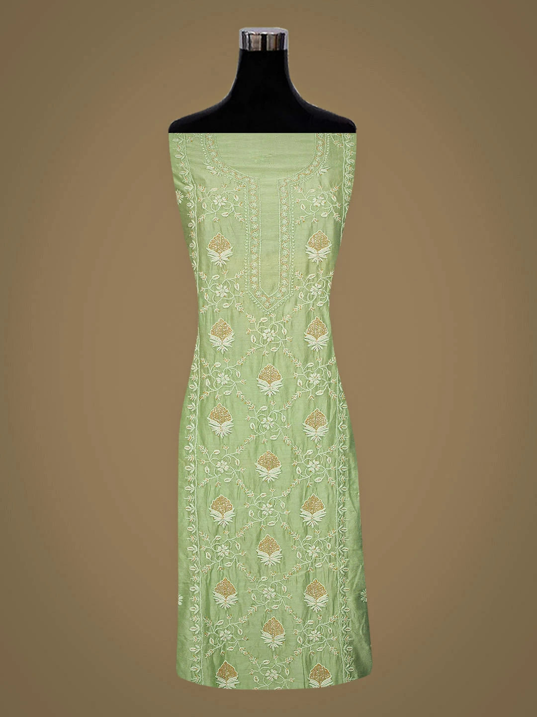 Ada Hand Embroidered Green Chanderi Lucknowi Chikankari Unstitched Kurta Dupatta Set With Cutdana Work 01A825271