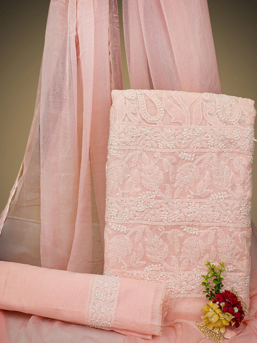 Ada Hand Embroidered Candlelight Peach Cotton Lucknowi Chikankari Unstitched Suit Piece 08A500399