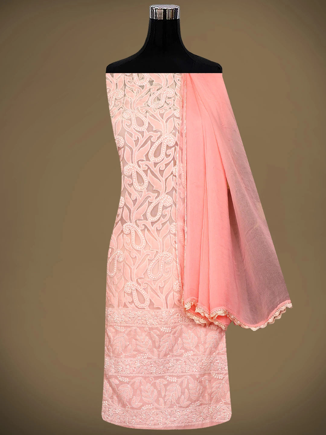 Ada Hand Embroidered Candlelight Peach Cotton Lucknowi Chikankari Unstitched Suit Piece 08A500399