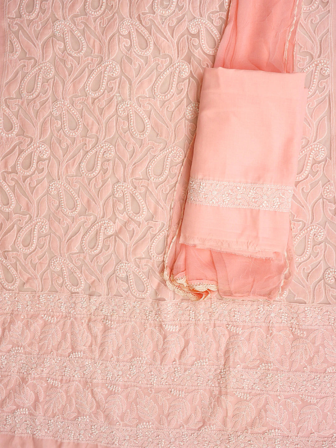 Ada Hand Embroidered Candlelight Peach Cotton Lucknowi Chikankari Unstitched Suit Piece 08A500399