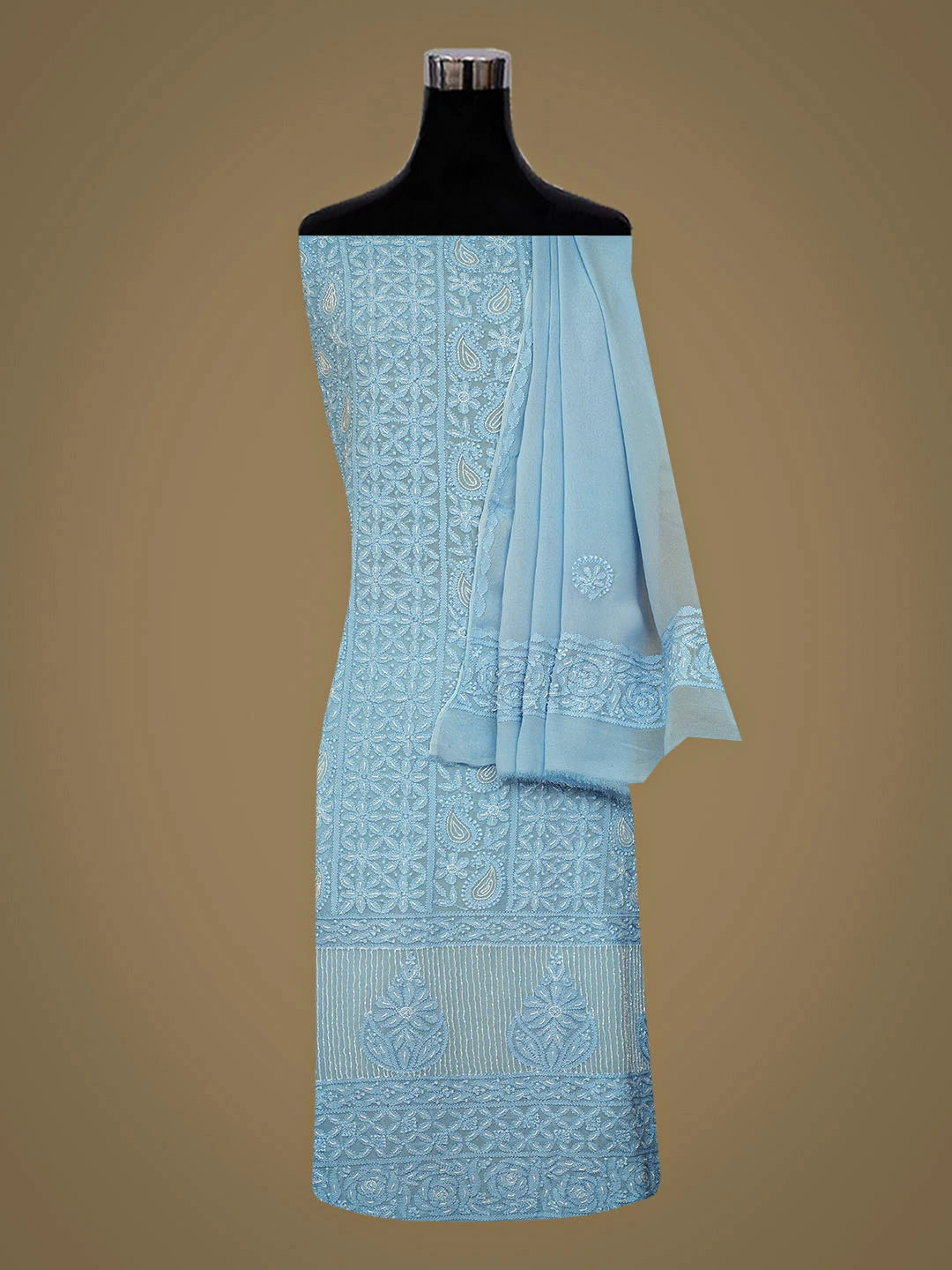 Ada Hand Embroidered Blue Viscose Georgette Lucknowi Chikankari Unstitched Kurta Dupatta Set With Cutdana Work 01A957782