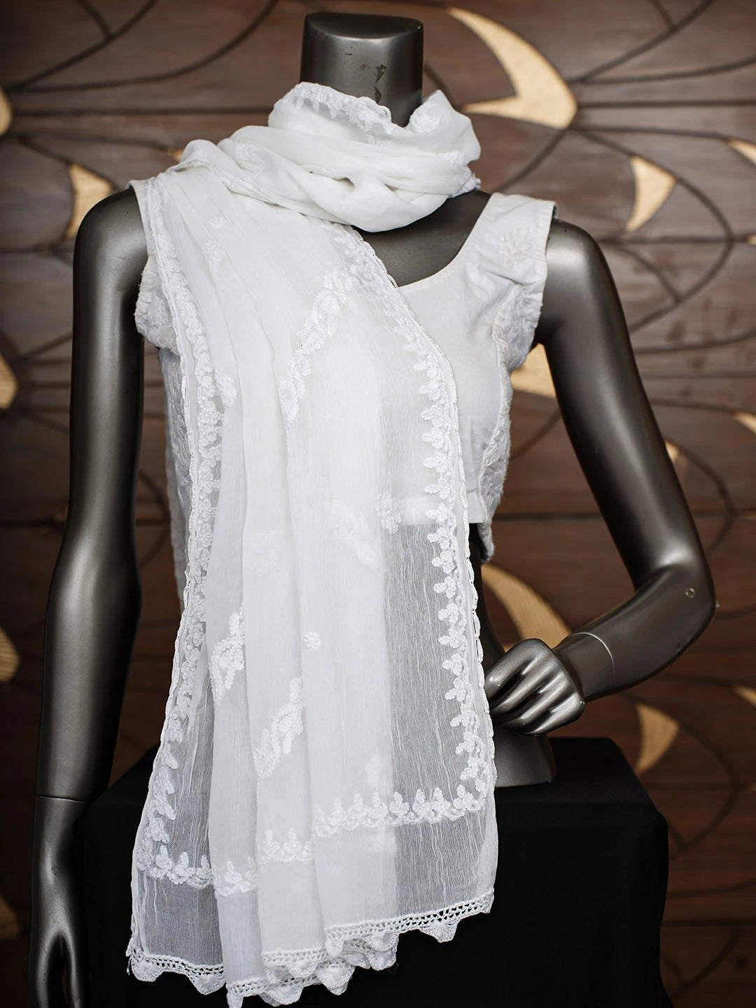 Ada Hand Embroidered White Chiffon Lucknowi Chikankari Dupatta 01A968369