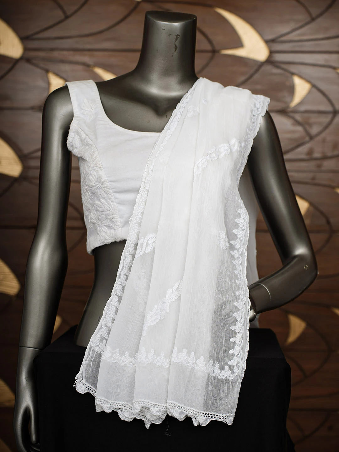 Ada Hand Embroidered White Chiffon Lucknowi Chikankari Dupatta 01A968369