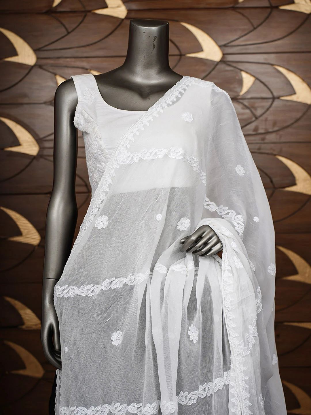 Ada Hand Embroidered White Chiffon Lucknowi Chikankari Dupatta 01A968369