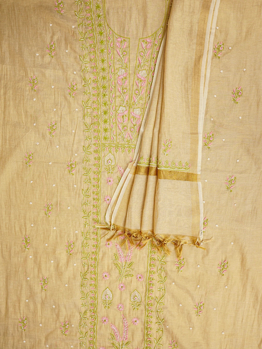 Ada Hand Embroidered Fawn Tissue Lucknowi Chikankari Unstitched Kurta Dupatta Set With Cutdana Work  01A967707