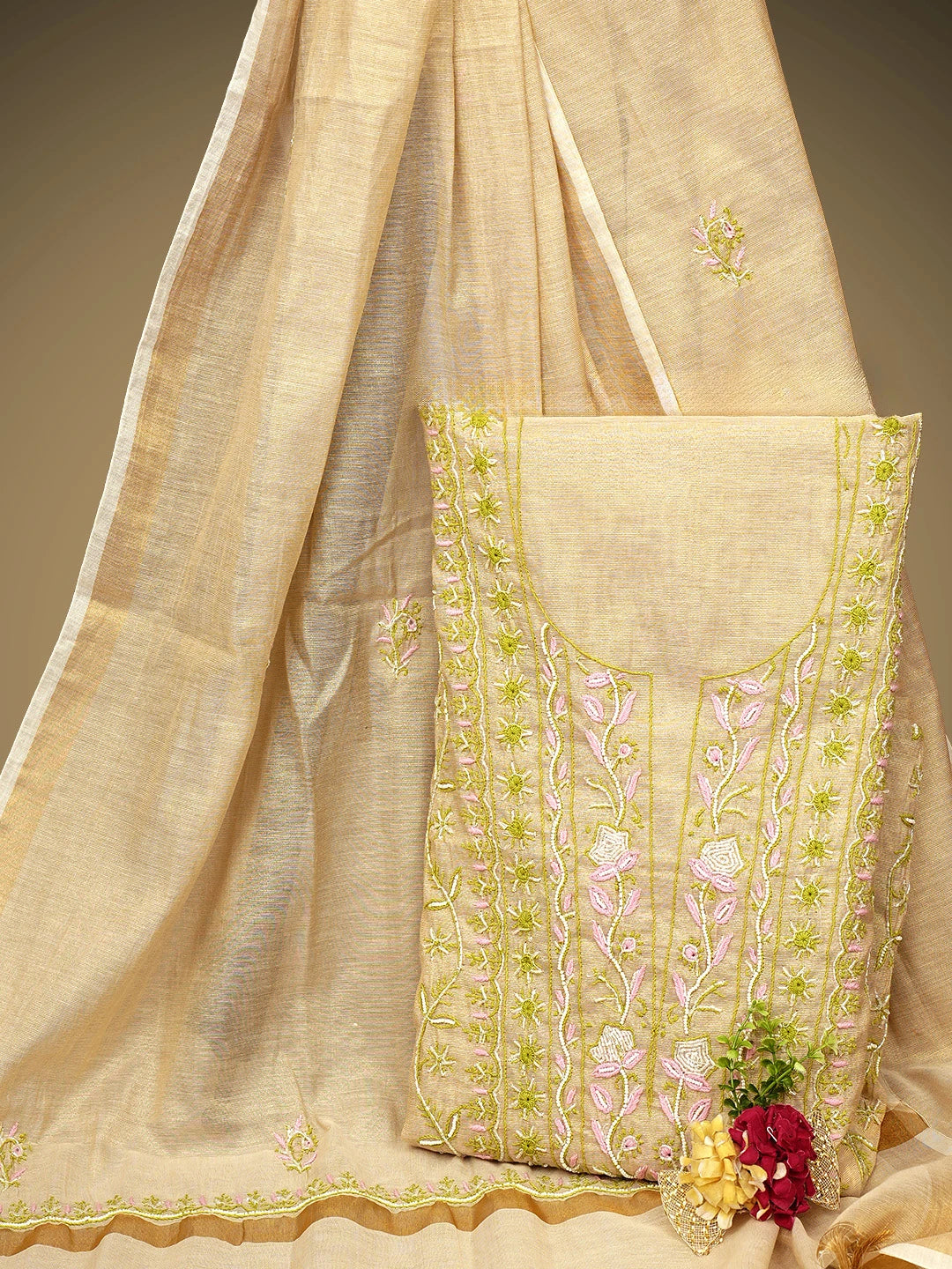 Ada Hand Embroidered Fawn Tissue Lucknowi Chikankari Unstitched Kurta Dupatta Set With Cutdana Work  01A967707