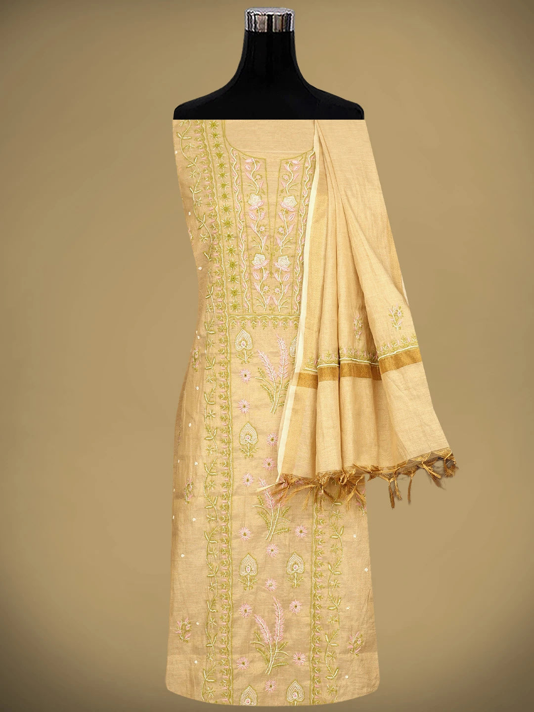 Ada Hand Embroidered Fawn Tissue Lucknowi Chikankari Unstitched Kurta Dupatta Set With Cutdana Work  01A967707