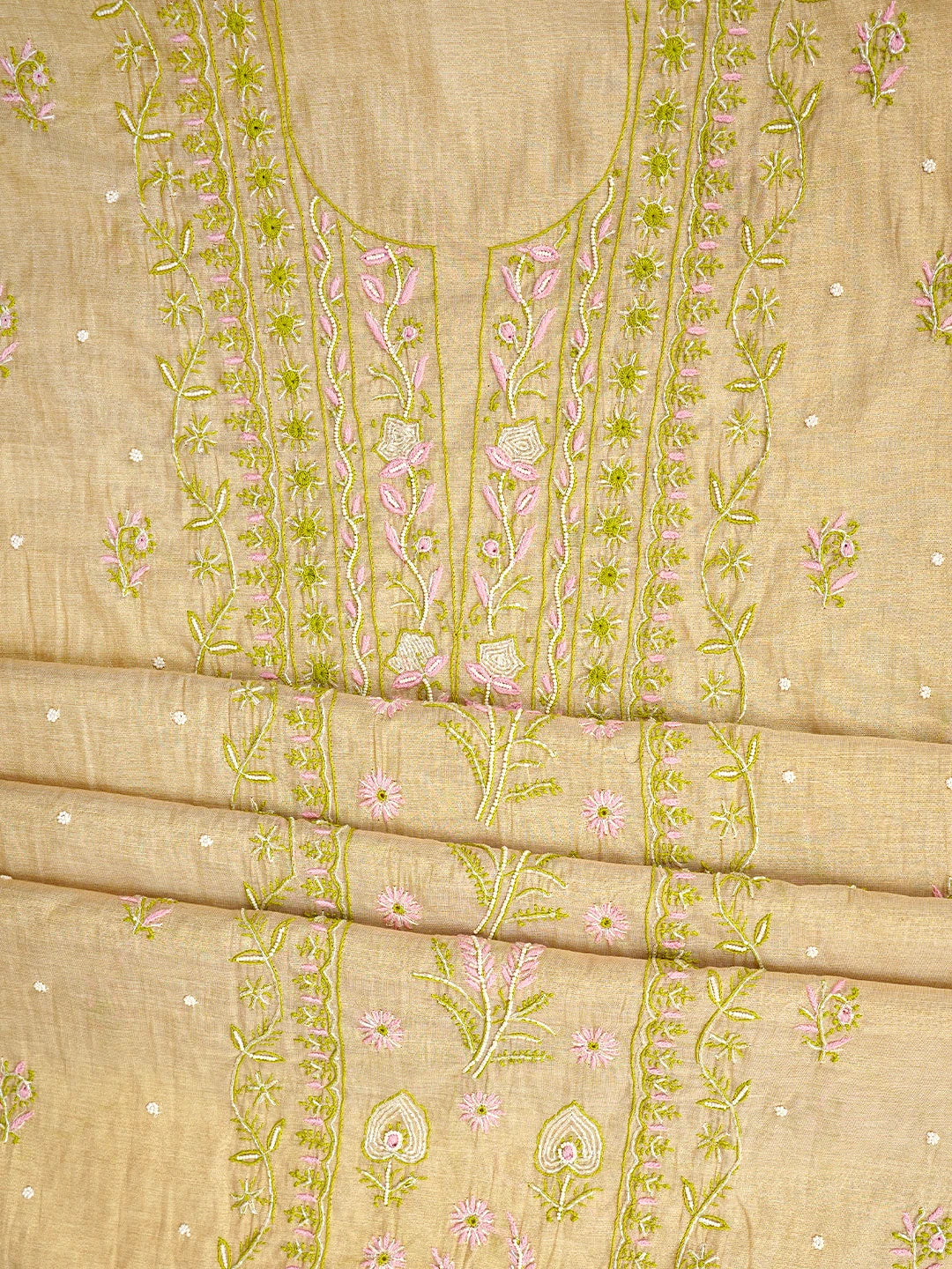 Ada Hand Embroidered Fawn Tissue Lucknowi Chikankari Unstitched Kurta Dupatta Set With Cutdana Work  01A967707