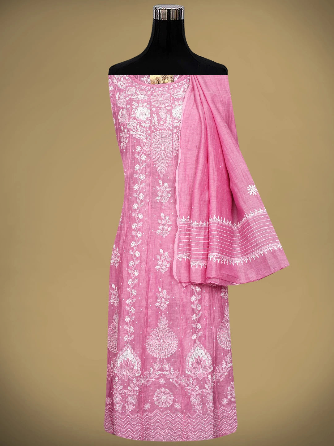 Ada Hand Embroidered Hot Pink Chanderi Lucknowi Chikankari Semi-Stitched Anarkali Kurta Dupatta Set With Cutdana Work 01A971894