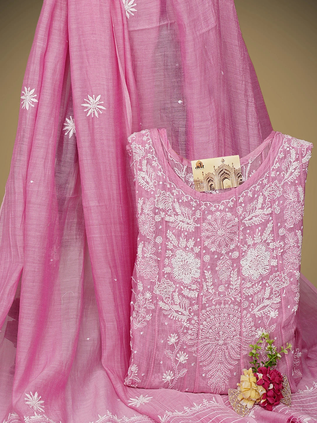 Ada Hand Embroidered Hot Pink Chanderi Lucknowi Chikankari Semi-Stitched Anarkali Kurta Dupatta Set With Cutdana Work 01A971894