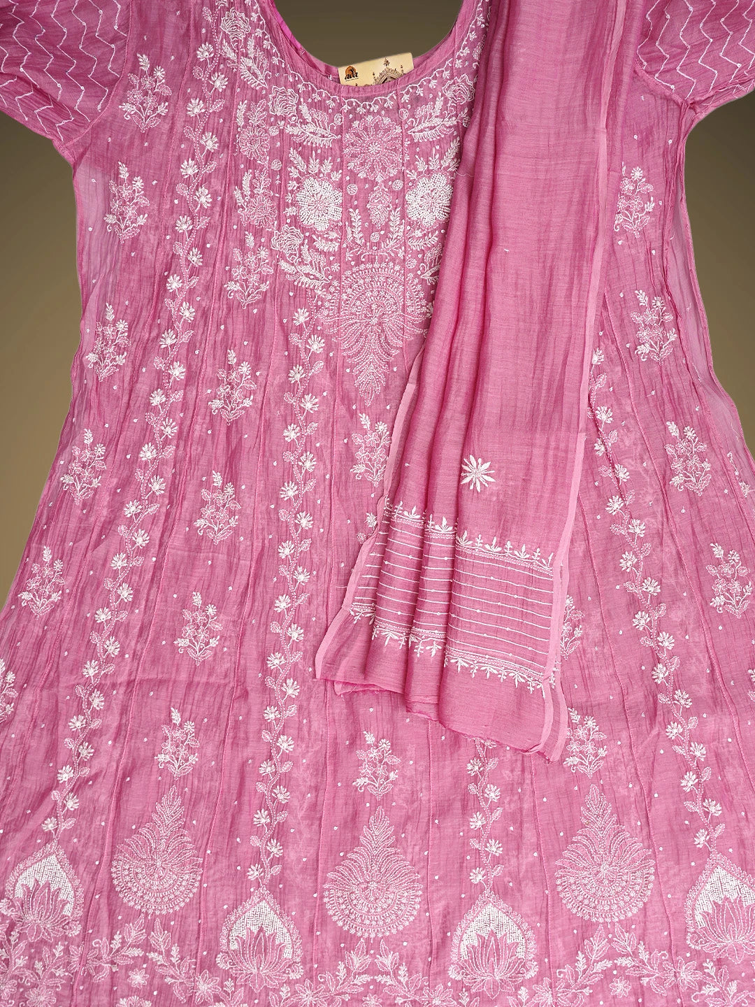 Ada Hand Embroidered Hot Pink Chanderi Lucknowi Chikankari Semi-Stitched Anarkali Kurta Dupatta Set With Cutdana Work 01A971894