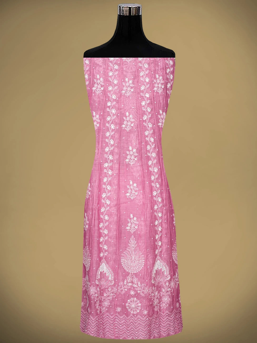 Ada Hand Embroidered Hot Pink Chanderi Lucknowi Chikankari Semi-Stitched Anarkali Kurta Dupatta Set With Cutdana Work 01A971894