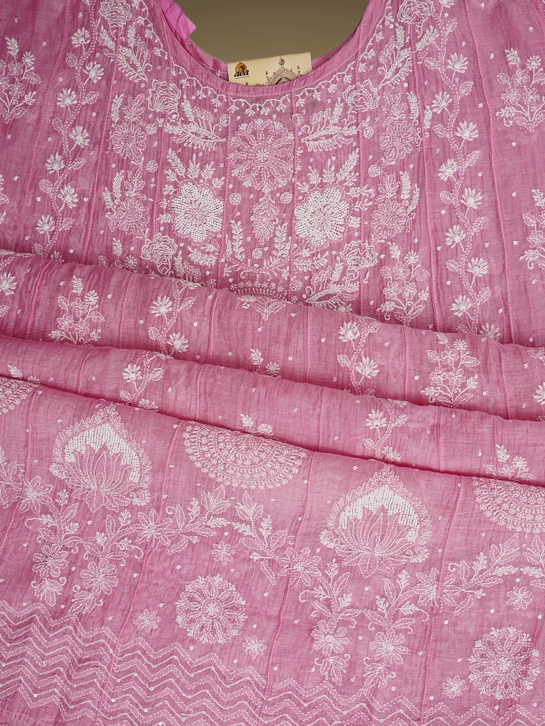 Ada Hand Embroidered Hot Pink Chanderi Lucknowi Chikankari Semi-Stitched Anarkali Kurta Dupatta Set With Cutdana Work 01A971894