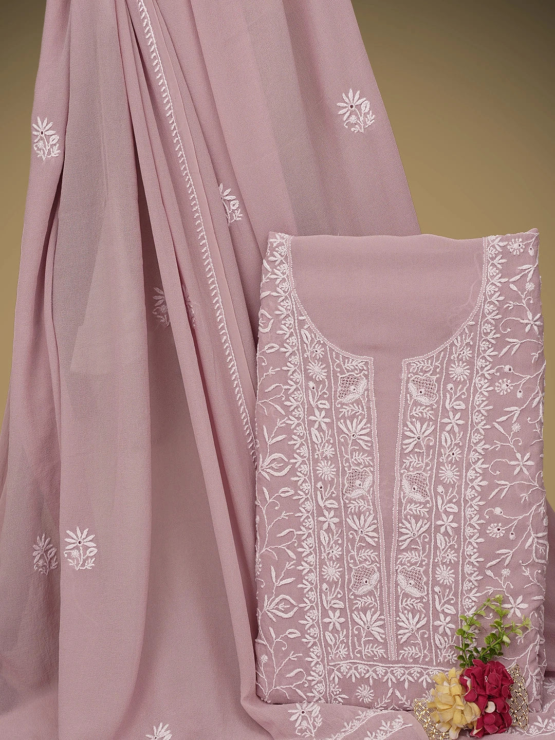 Ada Hand Embroidered Dusty Pink Pure Georgette Lucknowi Chikankari Unstitched Kurta Dupatta Set 01A873633