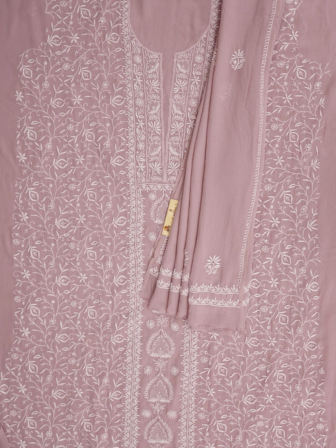 Ada Hand Embroidered Dusty Pink Pure Georgette Lucknowi Chikankari Unstitched Kurta Dupatta Set 01A873633