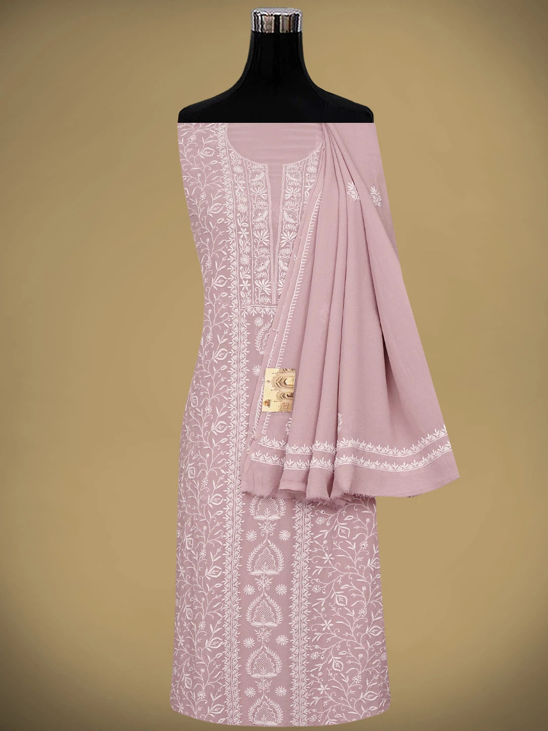 Ada Hand Embroidered Dusty Pink Pure Georgette Lucknowi Chikankari Unstitched Kurta Dupatta Set 01A873633