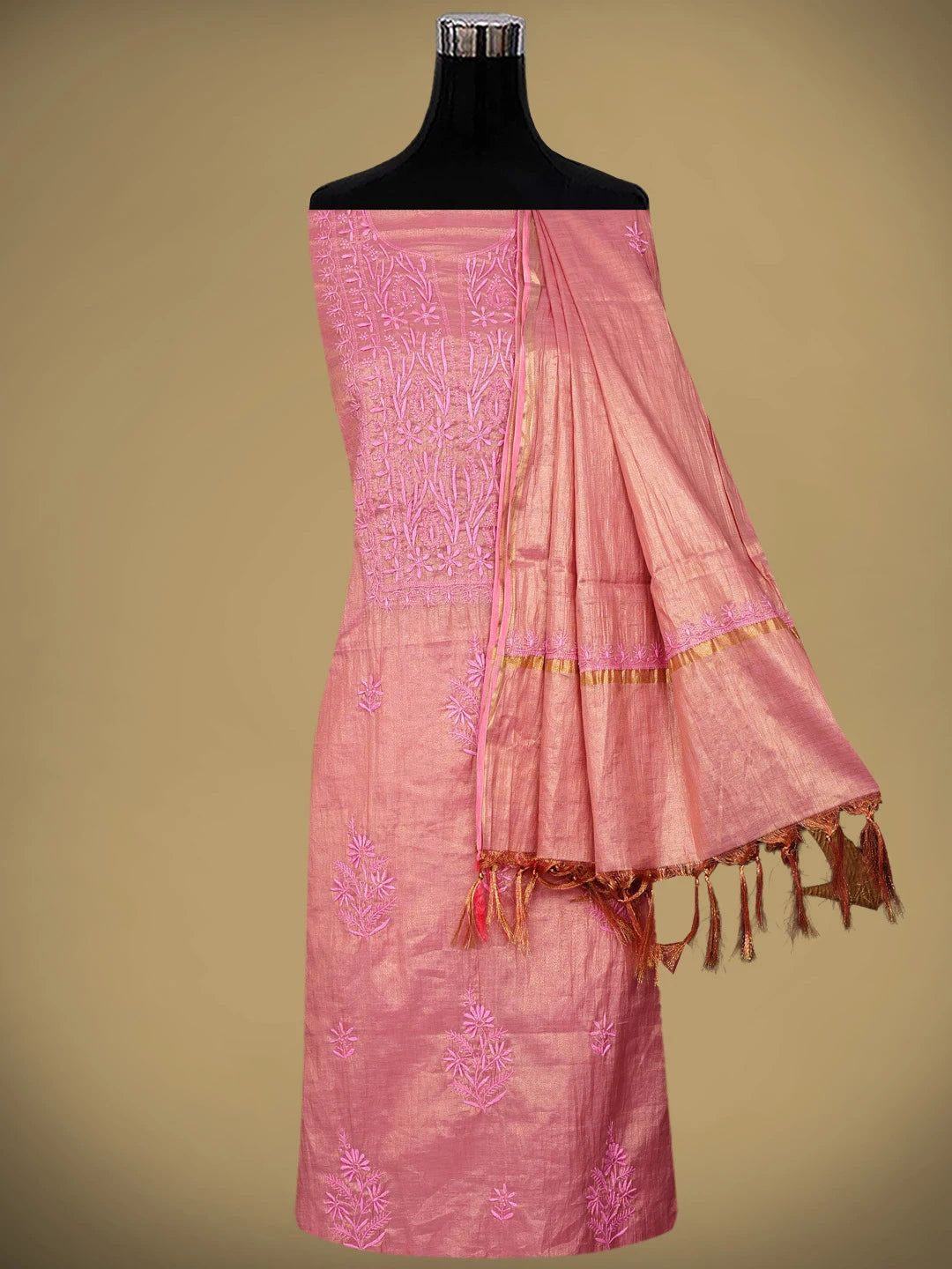 Ada Hand Embroidered Dusty Peach Tissue Lucknowi Chikankari Unstitched Kurta Dupatta Set 01A948058