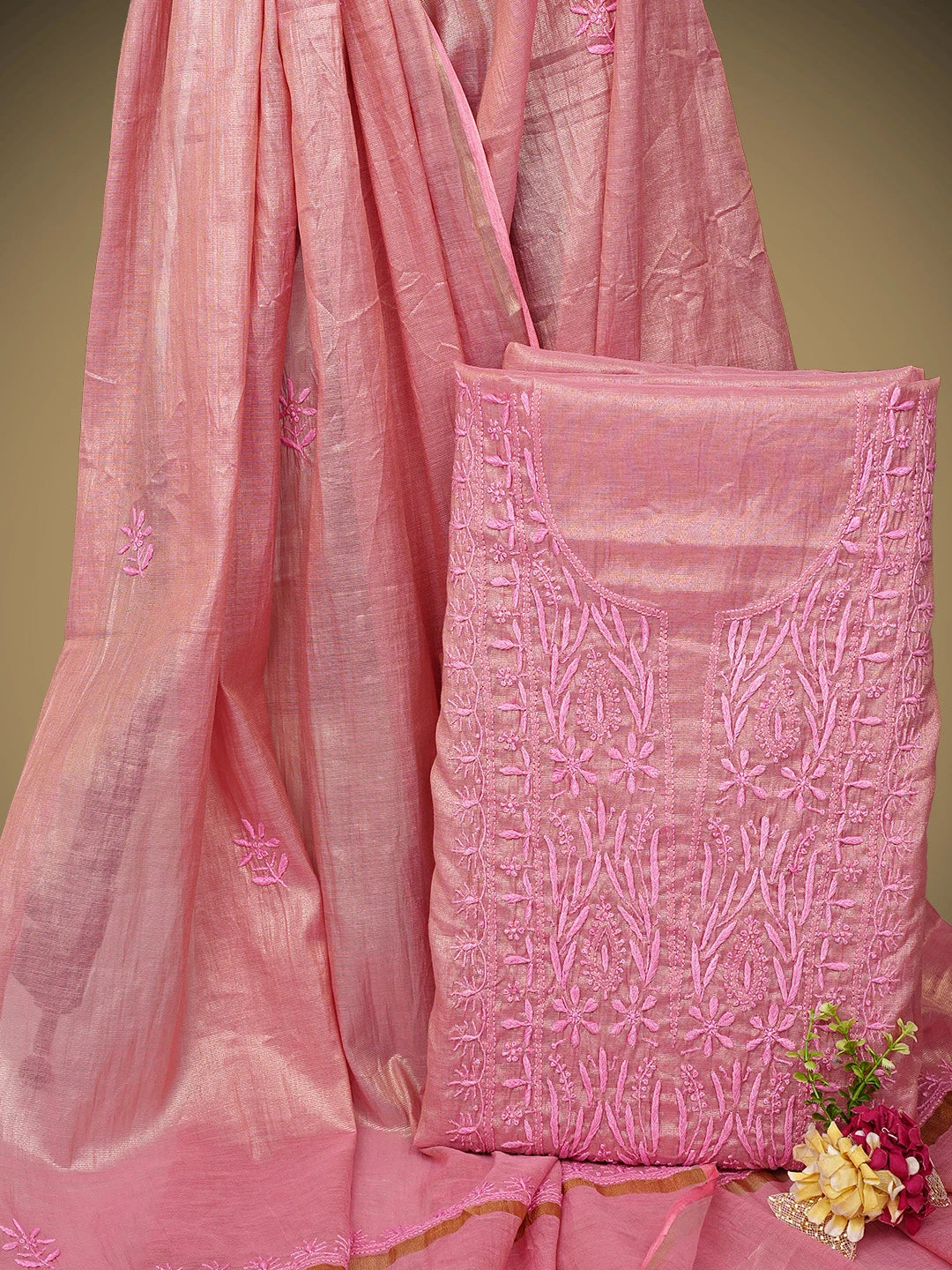 Ada Hand Embroidered Dusty Peach Tissue Lucknowi Chikankari Unstitched Kurta Dupatta Set 01A948058