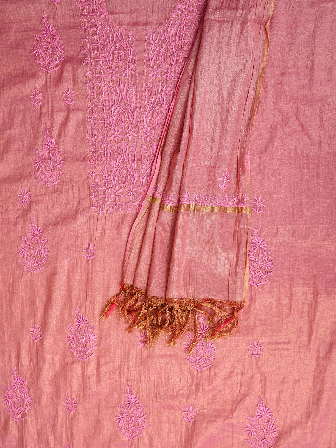 Ada Hand Embroidered Dusty Peach Tissue Lucknowi Chikankari Unstitched Kurta Dupatta Set 01A948058
