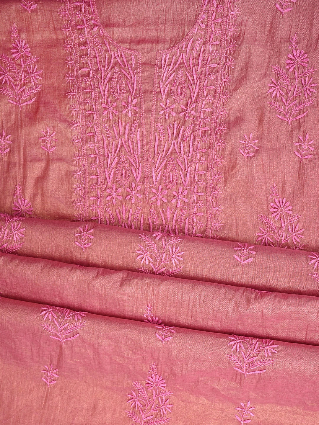 Ada Hand Embroidered Dusty Peach Tissue Lucknowi Chikankari Unstitched Kurta Dupatta Set 01A948058