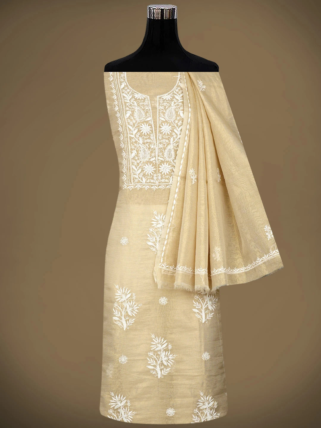 Ada Hand Embroidered Fawn Tissue Lucknowi Chikankari Unstitched Kurta Dupatta Set With Pearl Work 01A972538