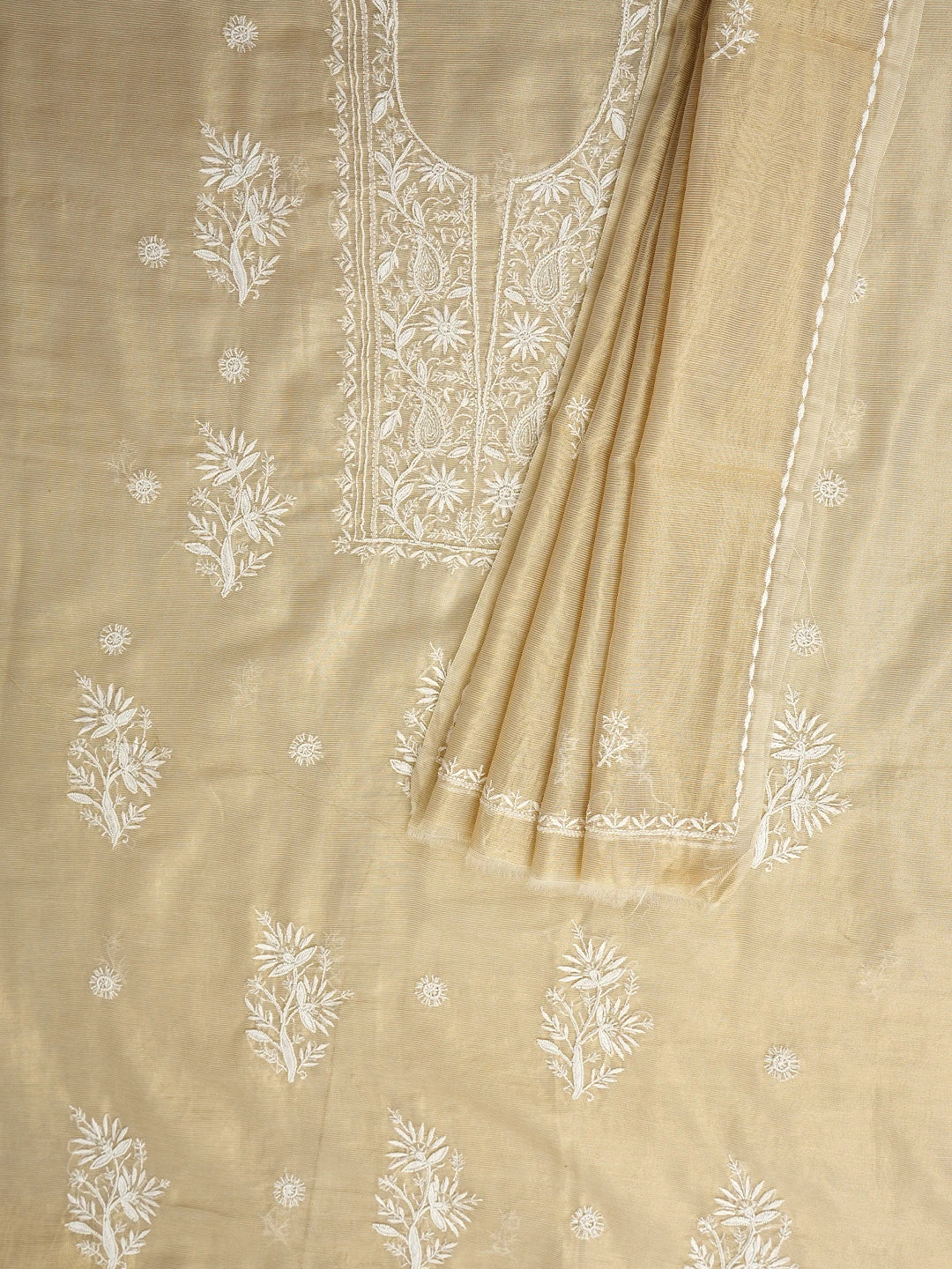 Ada Hand Embroidered Fawn Tissue Lucknowi Chikankari Unstitched Kurta Dupatta Set With Pearl Work 01A972538