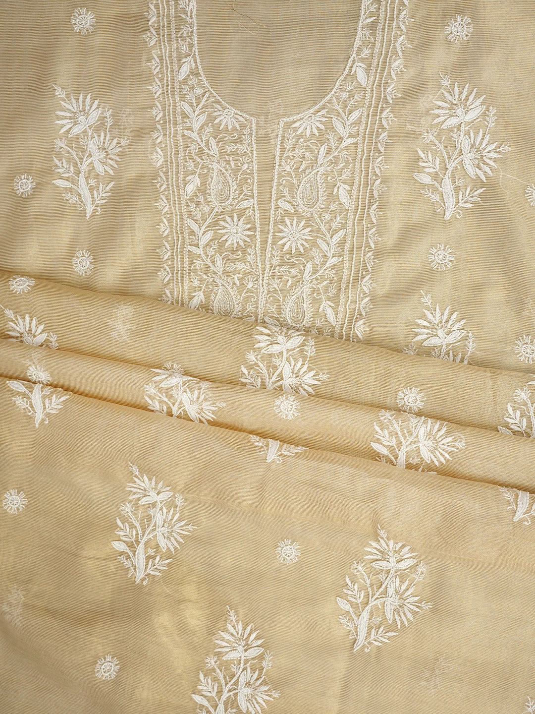 Ada Hand Embroidered Fawn Tissue Lucknowi Chikankari Unstitched Kurta Dupatta Set With Pearl Work 01A972538