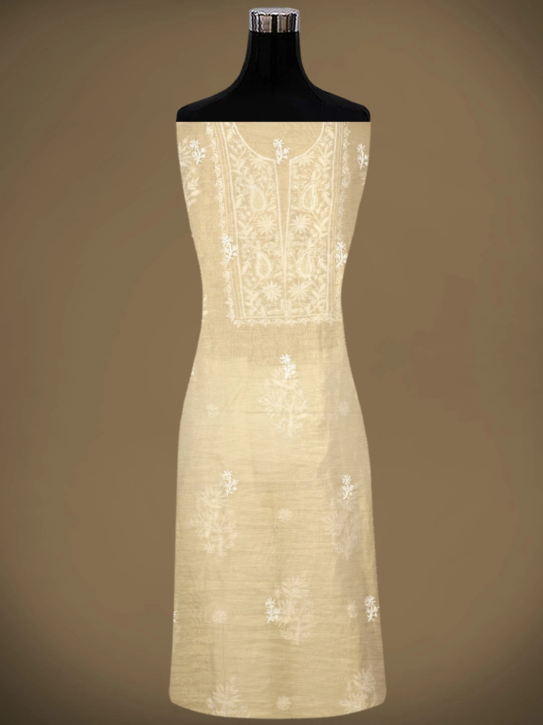 Ada Hand Embroidered Fawn Tissue Lucknowi Chikankari Unstitched Kurta Dupatta Set With Pearl Work 01A972538