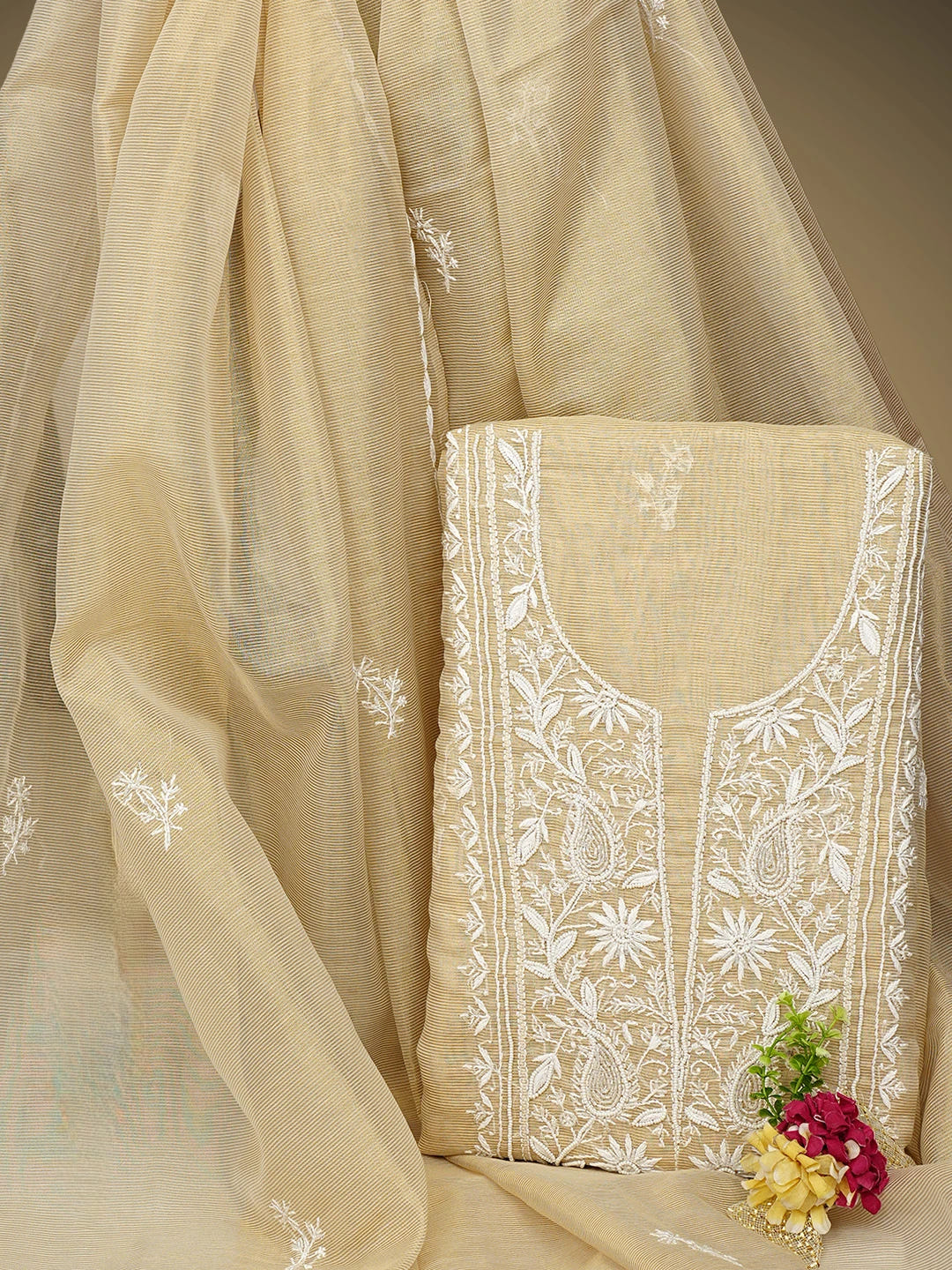 Ada Hand Embroidered Fawn Tissue Lucknowi Chikankari Unstitched Kurta Dupatta Set With Pearl Work 01A972538