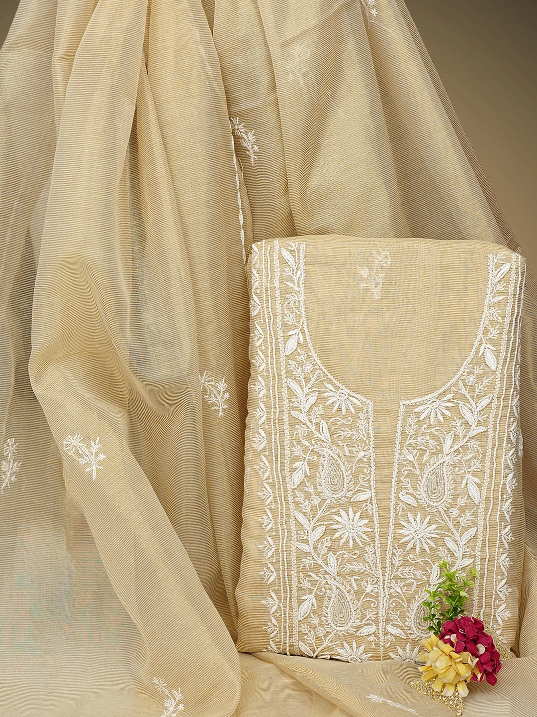 Ada Hand Embroidered Fawn Tissue Lucknowi Chikankari Unstitched Kurta Dupatta Set With Pearl Work 01A972538