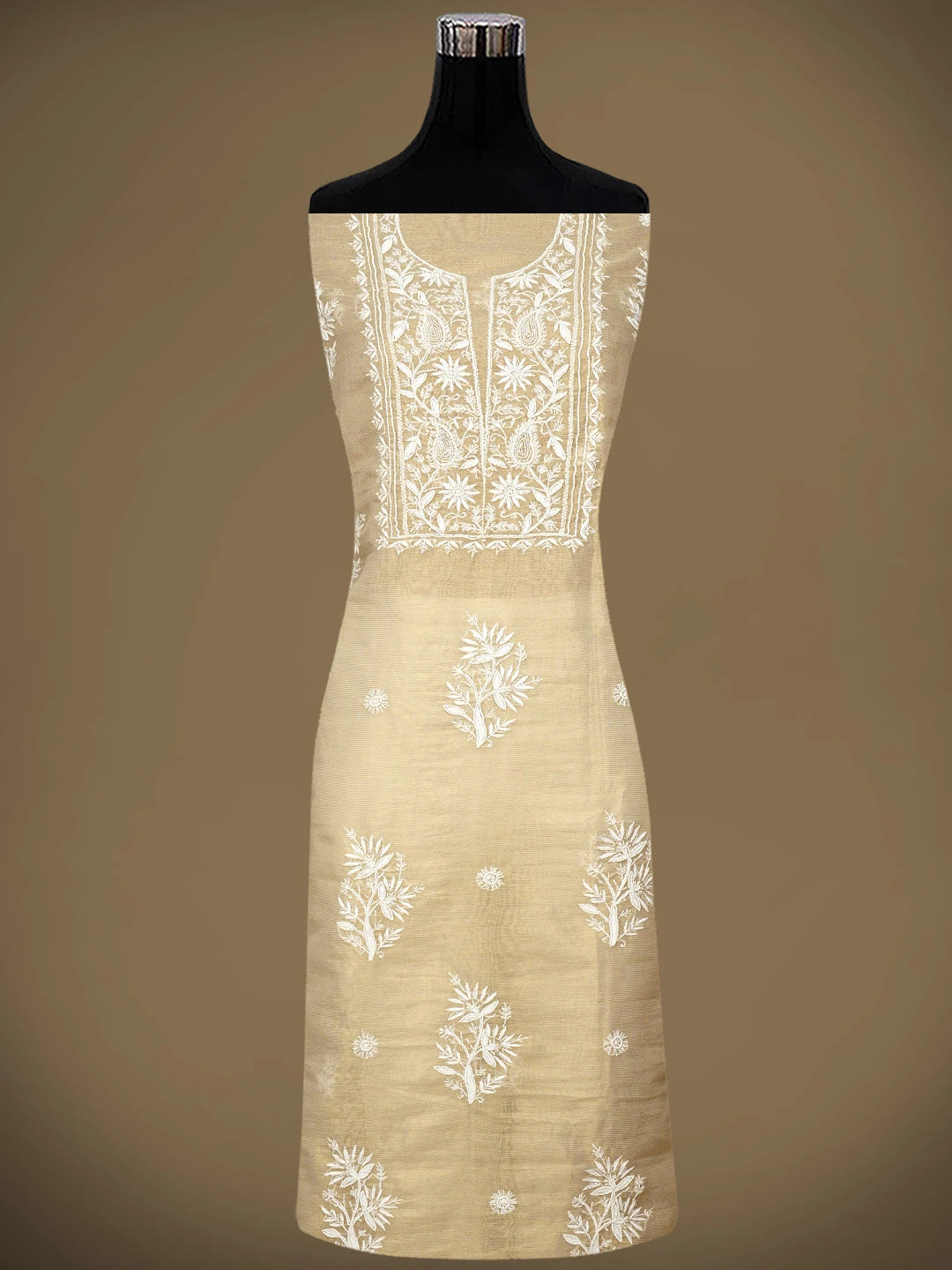 Ada Hand Embroidered Fawn Tissue Lucknowi Chikankari Unstitched Kurta Dupatta Set With Pearl Work 01A972538