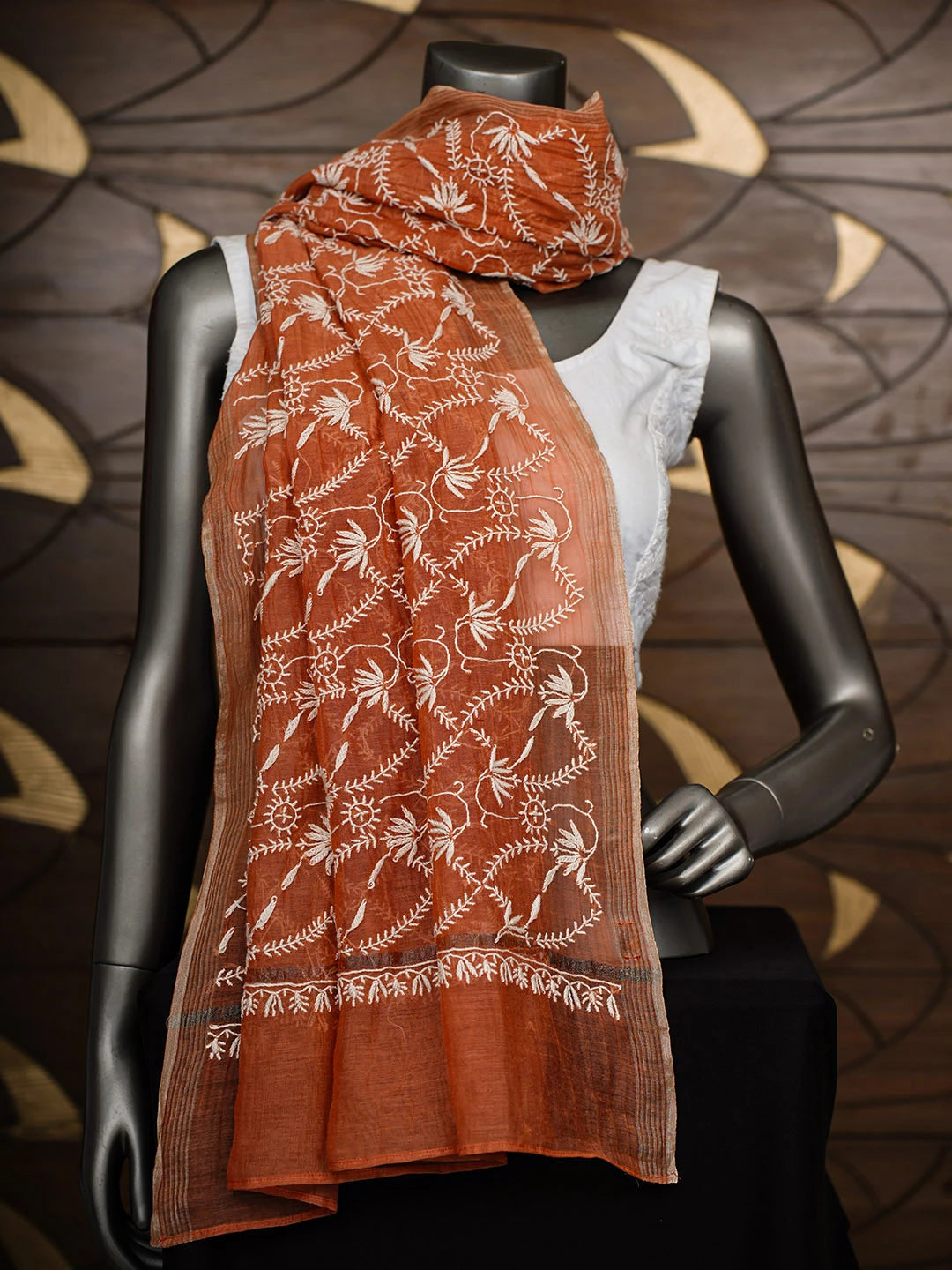 Ada Hand Embroidered Rust Chanderi Lucknowi Chikankari Dupatta 01A939656