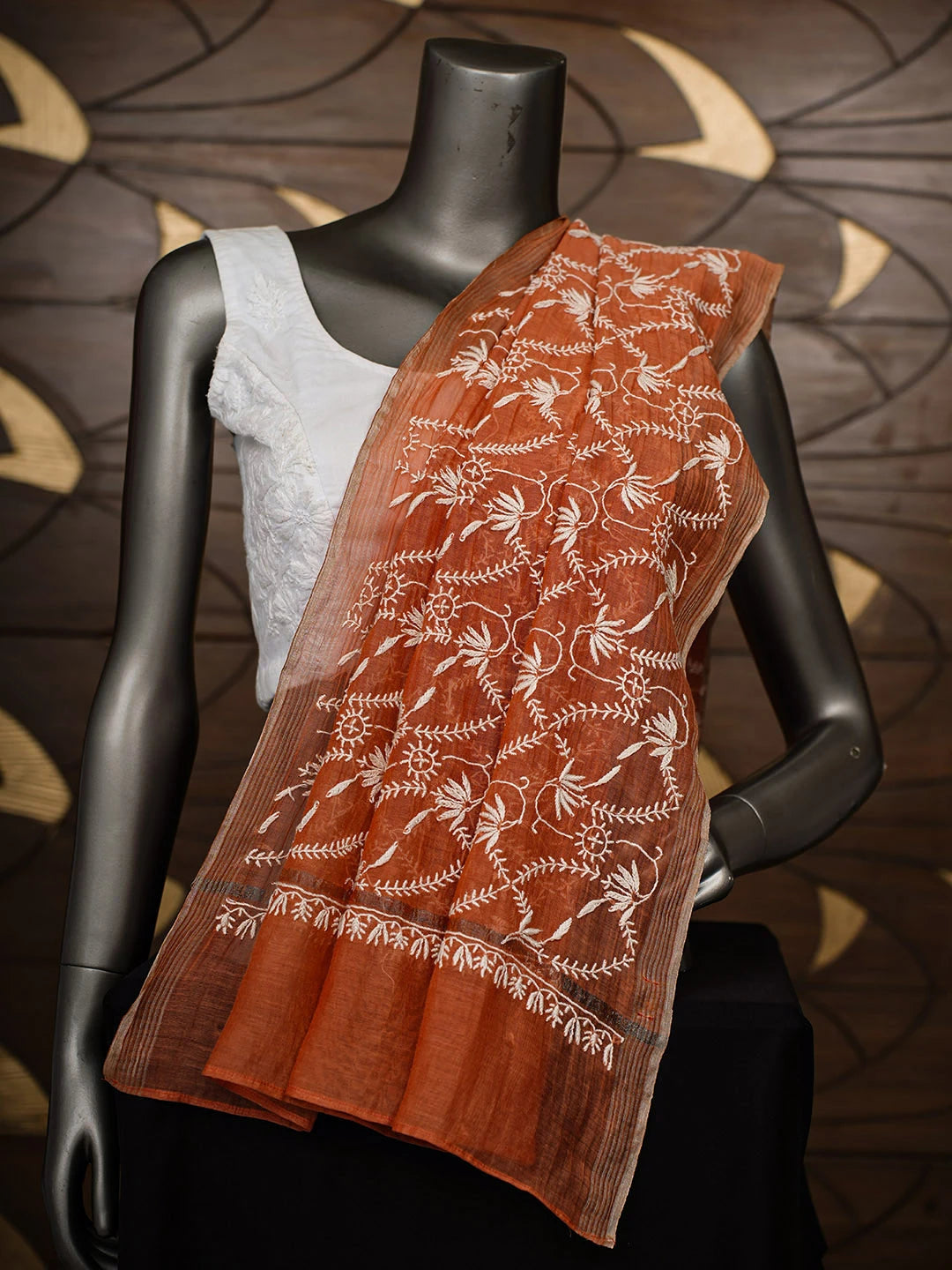Ada Hand Embroidered Rust Chanderi Lucknowi Chikankari Dupatta 01A939656