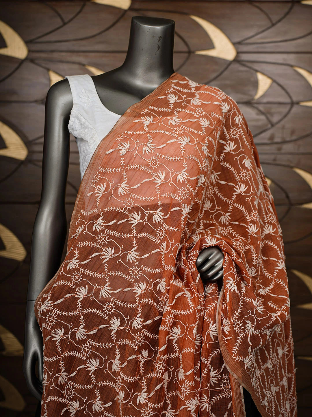 Ada Hand Embroidered Rust Chanderi Lucknowi Chikankari Dupatta 01A939656