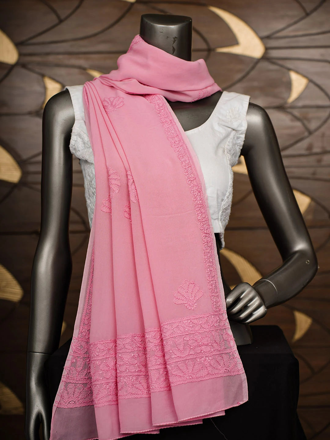 Ada Hand Embroidered Pink Viscose Georgette Lucknowi Chikankari Dupatta 01A344836
