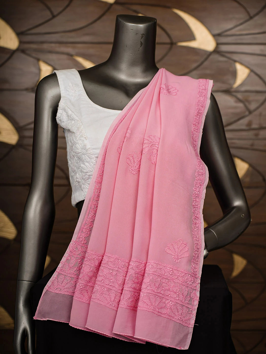 Ada Hand Embroidered Pink Viscose Georgette Lucknowi Chikankari Dupatta 01A344836