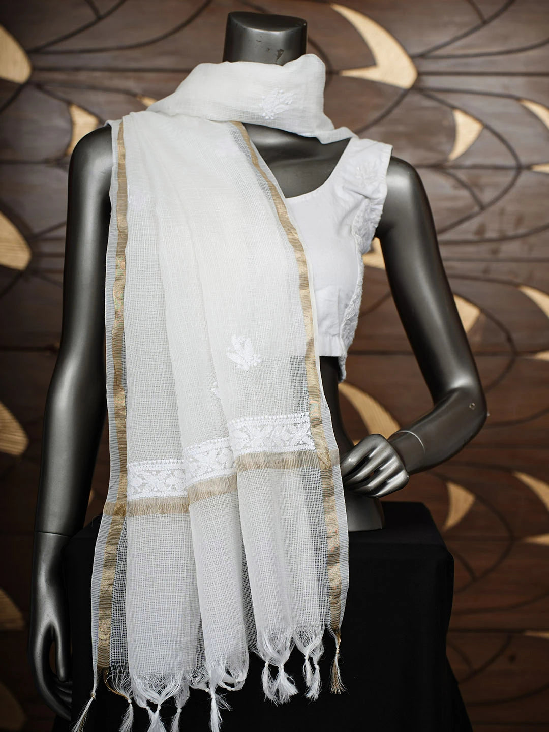 Ada Hand Embroidered White Kota Chanderi Lucknowi Chikankari Dupatta 01A965684