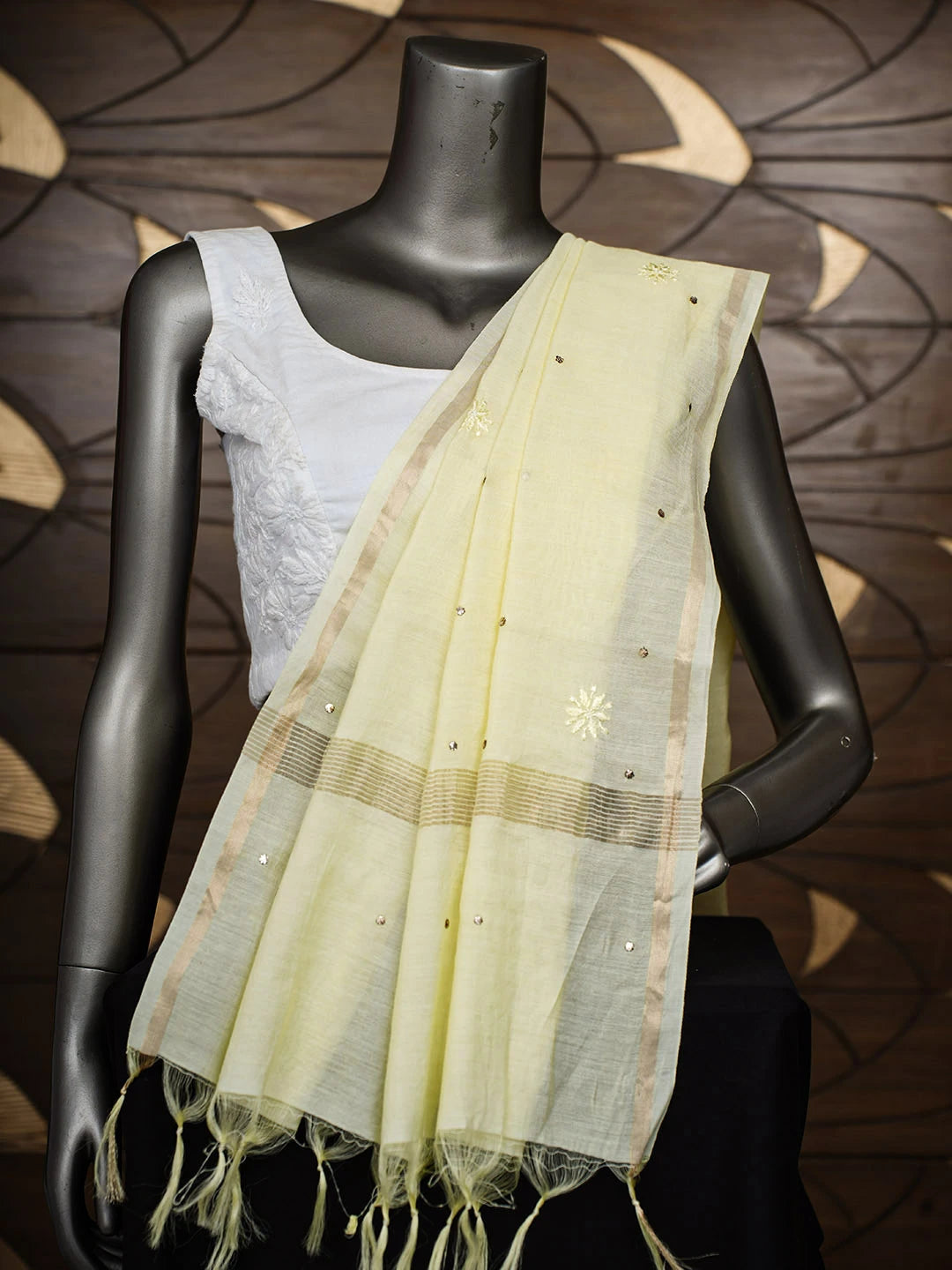 Ada Hand Embroidered Lemon Chanderi Lucknowi Chikankari Dupatta With Muqaish/Mukaish Work 01A858231