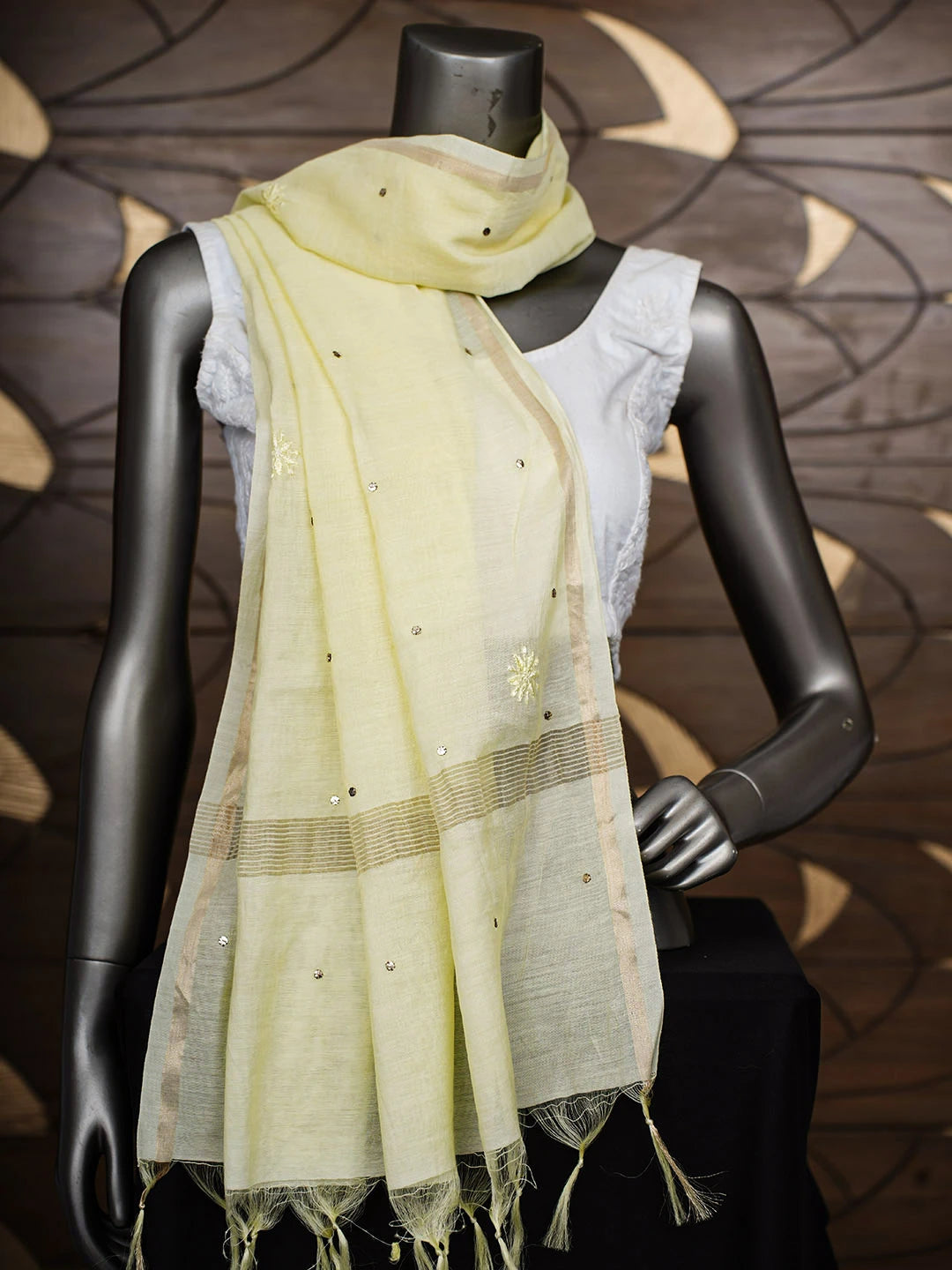 Ada Hand Embroidered Lemon Chanderi Lucknowi Chikankari Dupatta With Muqaish/Mukaish Work 01A858231