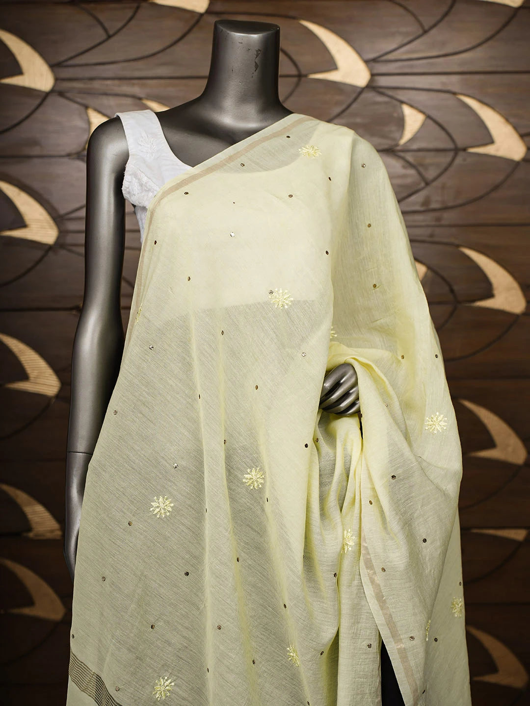 Ada Hand Embroidered Lemon Chanderi Lucknowi Chikankari Dupatta With Muqaish/Mukaish Work 01A858231