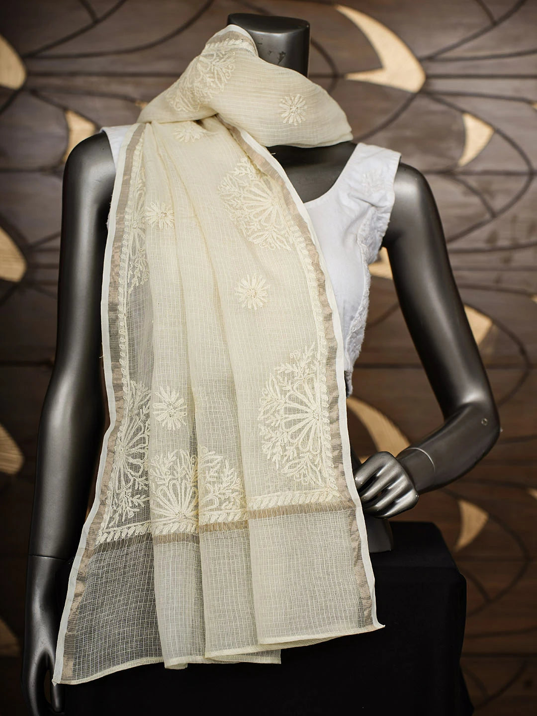 Ada Hand Embroidered Lemon kota Lucknowi Chikankari Dupatta 01A694065
