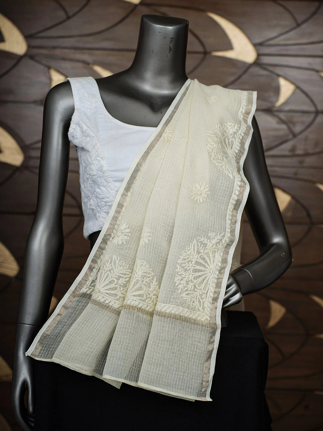 Ada Hand Embroidered Lemon kota Lucknowi Chikankari Dupatta 01A694065
