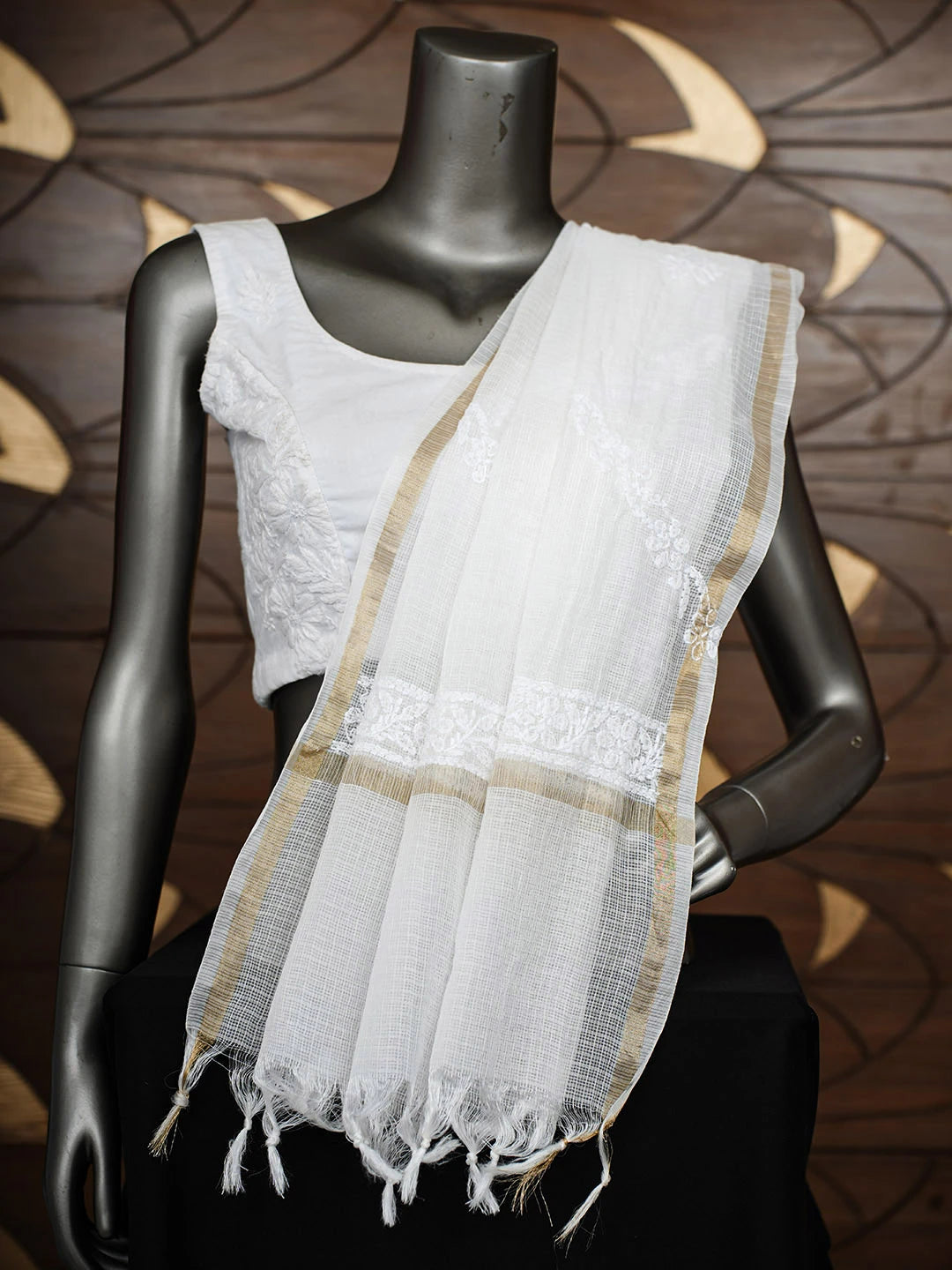 Ada Hand Embroidered White kota Chanderi Lucknowi Chikankari Dupatta 01A960484