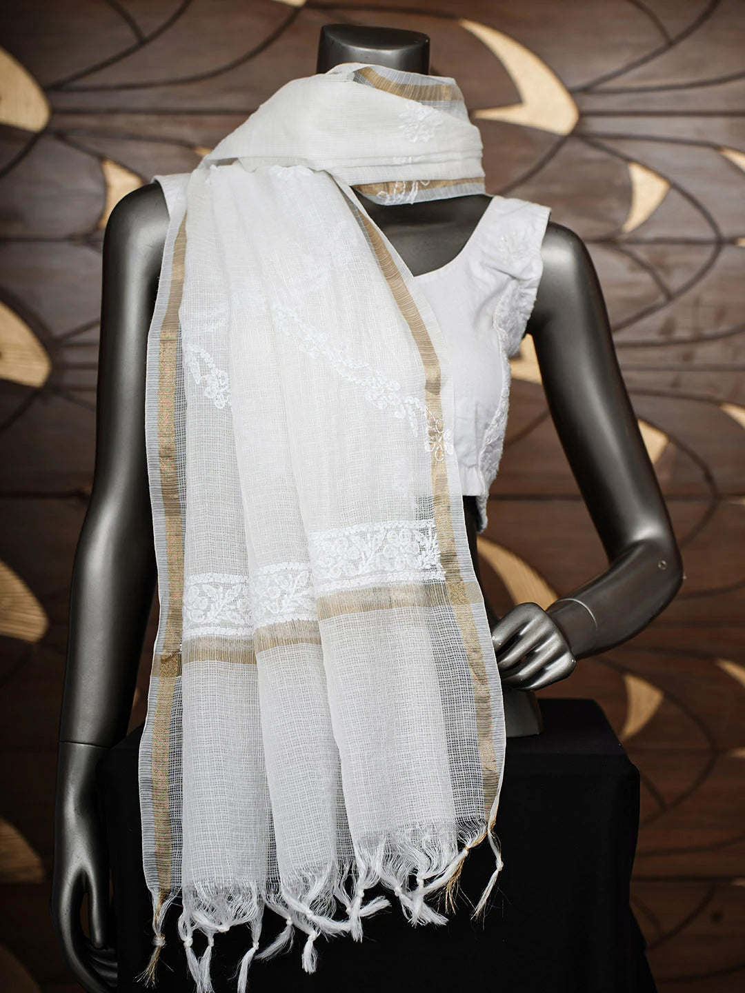 Ada Hand Embroidered White kota Chanderi Lucknowi Chikankari Dupatta 01A960484