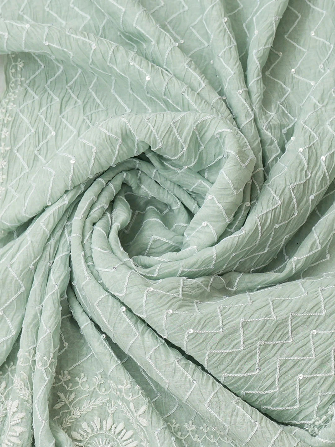 Ada Hand Embroidered Sea Green Chanderi Lucknowi Chikankari Semi-stitched Kurta Dupatta Set With Cutdana Work 01A949018