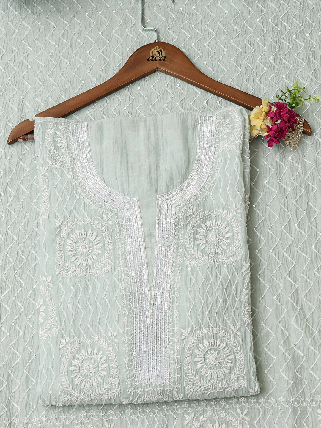 Ada Hand Embroidered Sea Green Chanderi Lucknowi Chikankari Semi-stitched Kurta Dupatta Set With Cutdana Work 01A949018