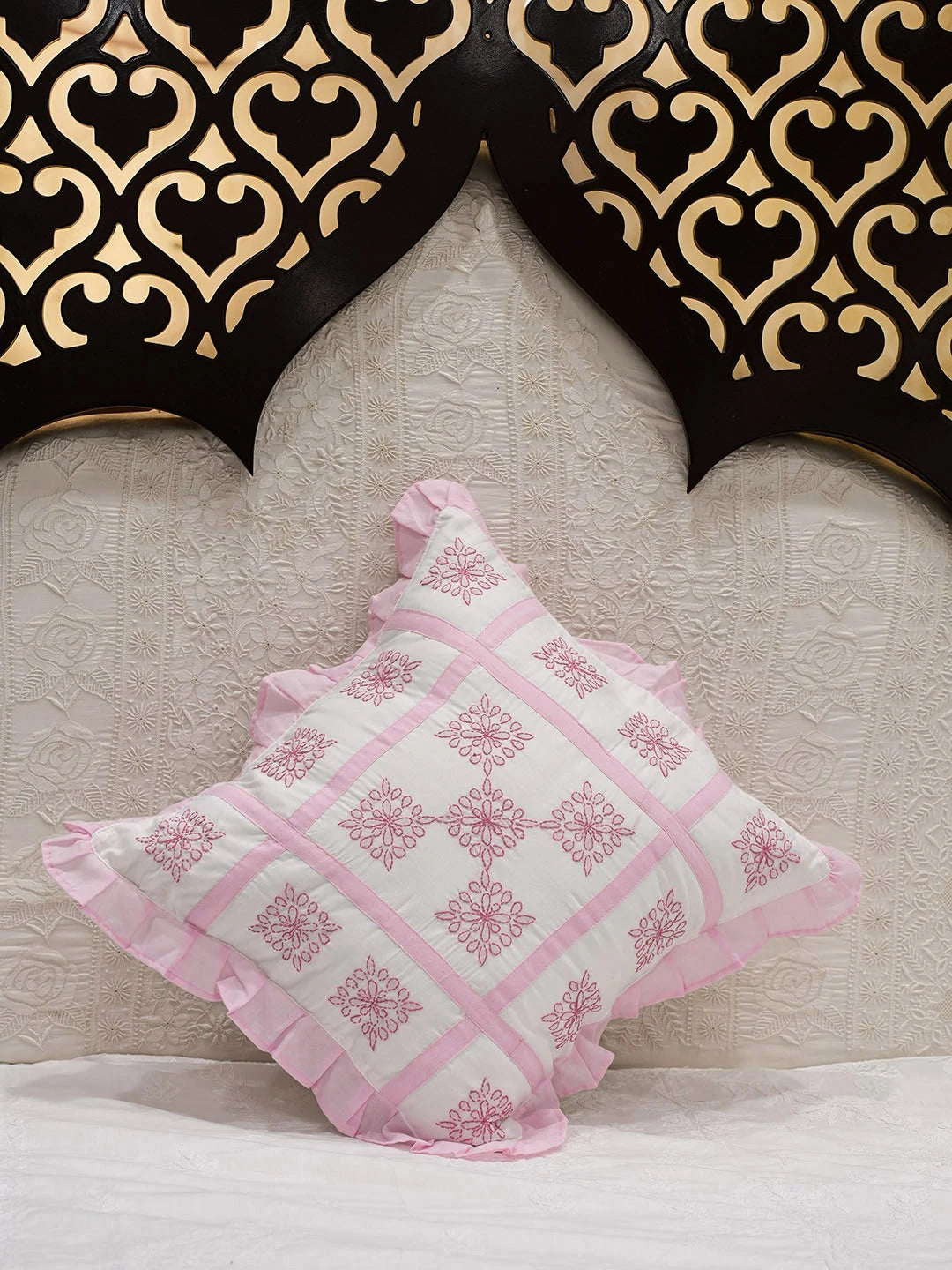 Ada Hand Embroidered White Cotton Lucknowi Chikankari Cushion Cover 01A665349