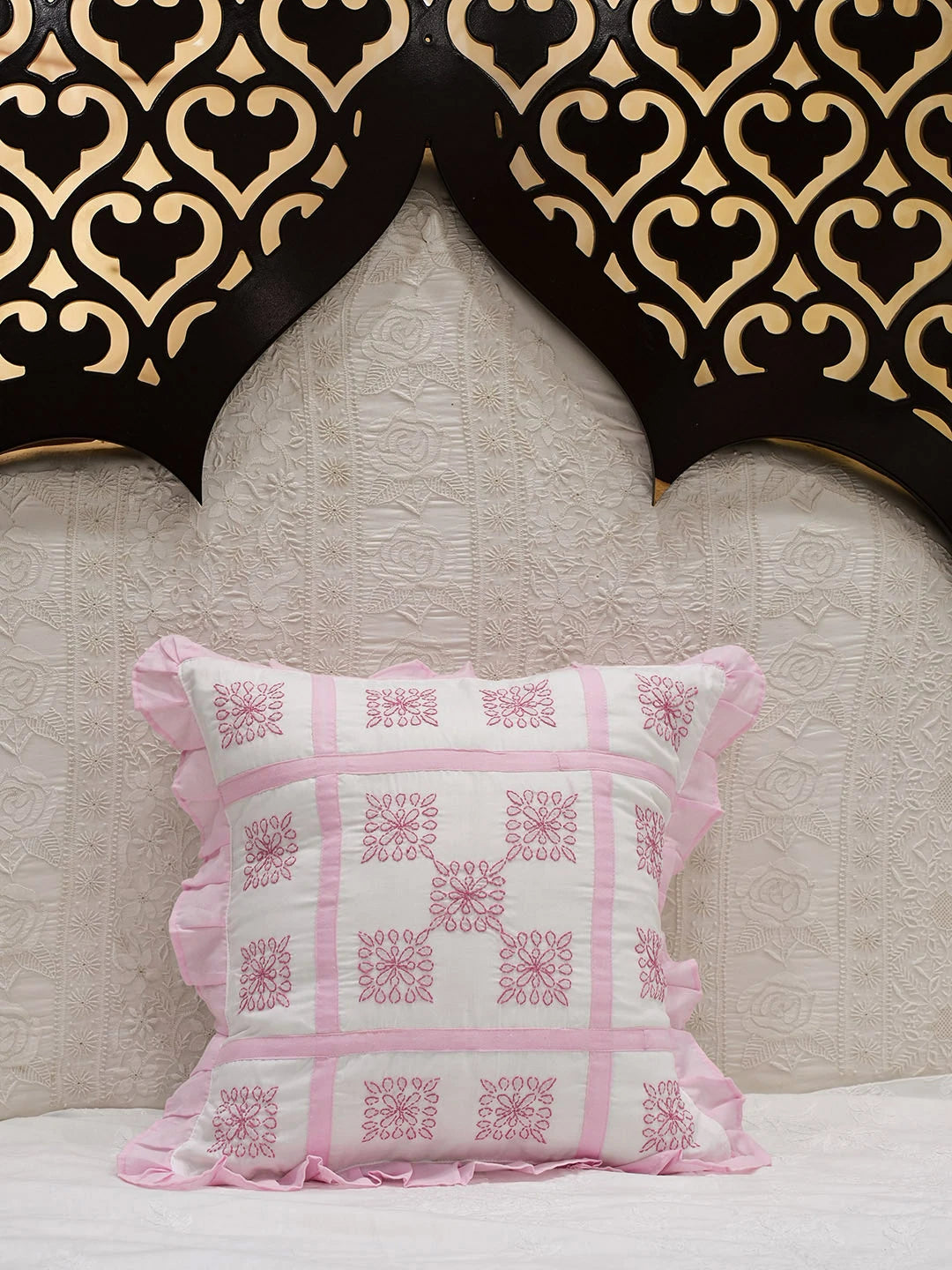 Ada Hand Embroidered White Cotton Lucknowi Chikankari Cushion Cover 01A665349