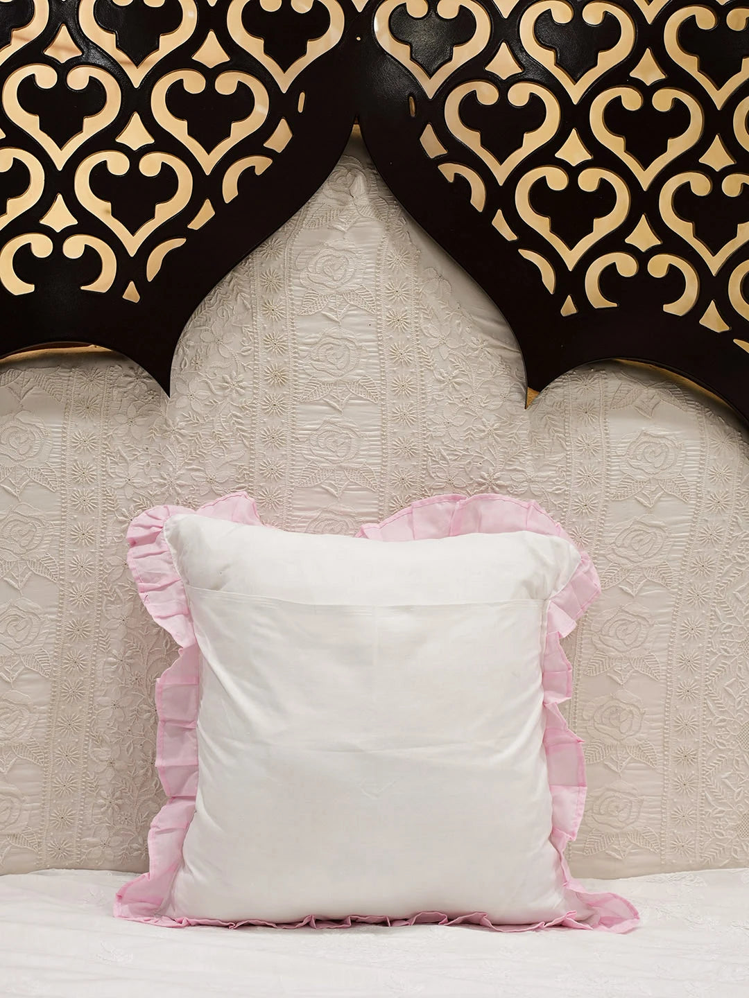 Ada Hand Embroidered White Cotton Lucknowi Chikankari Cushion Cover 01A665349
