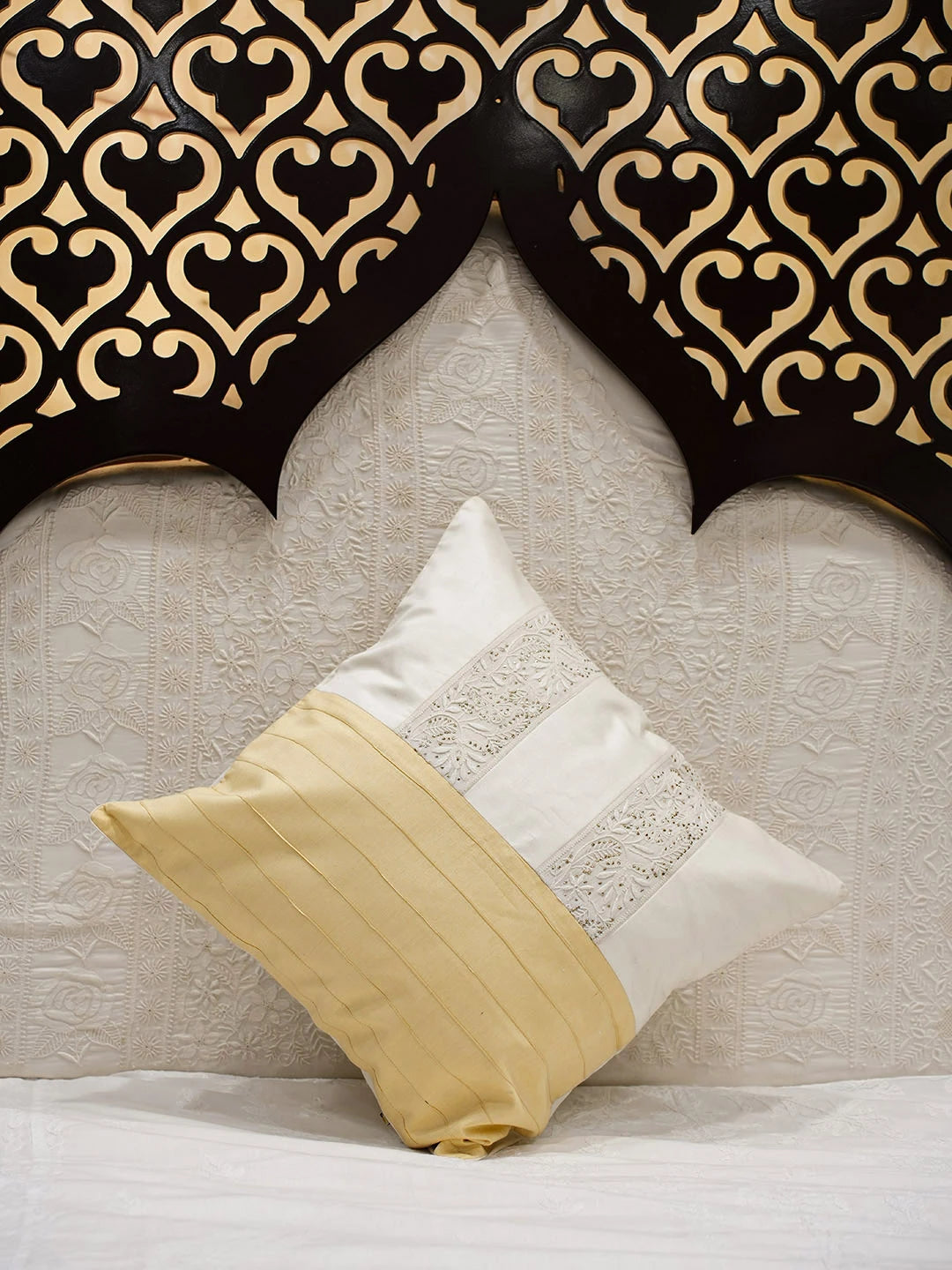 Ada Hand Embroidered White Cotton-Silk Lucknowi Chikankari Cushion Cover With Muqaish/Mukaish Work 01A766606